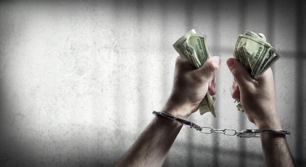 Photo arrest for corruption handcuffed holding dollars