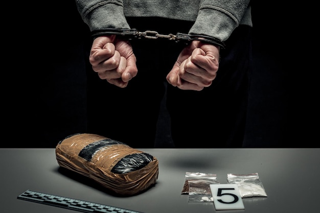 Арестованный мужчина в наручниках с руками за спиной крупным планом на черном фоне