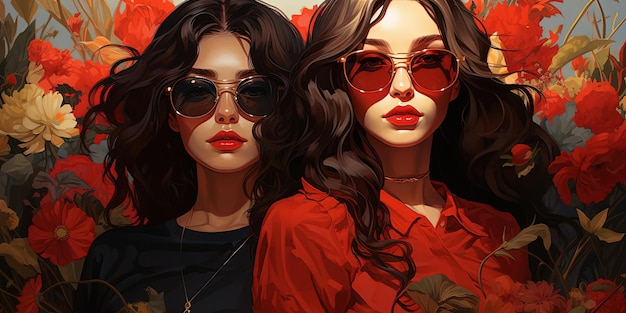 arrk of cartoon illustration girls with flowers sunglasses and glasses