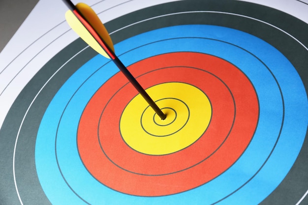 Arrow in the center of target for archery closeup