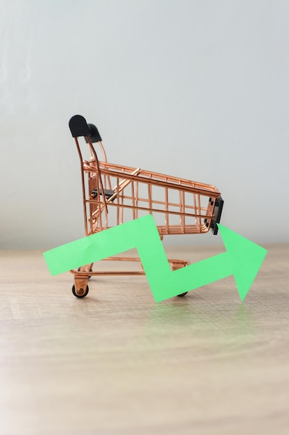 Arrow of a chart and a shopping trolley. Crisis and rising commodity prices concept.