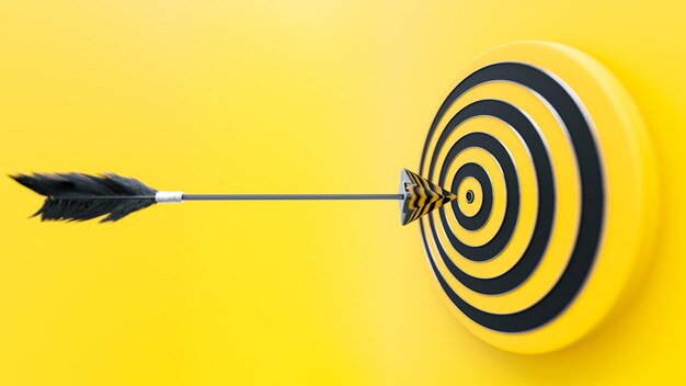 Arrow or dart are rushing to dartboard black and yellow arrow selective focus Aim or goal concept 3D Render