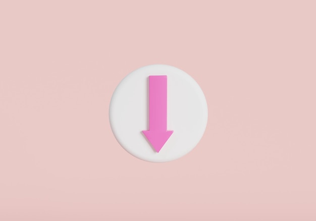 Фото Значок со стрелкой вниз на кнопке в форме белого круга на розовом фоне значок со стрелкой направления вниз кнопка загрузки с точкой вниз финансовая загрузка интернет-данных знак уменьшения 3d визуализация иллюстрации