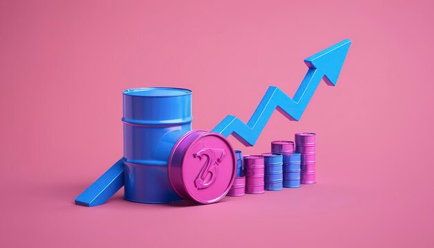 Photo arrow graph 3d with blue oil barrel icon isolated on pink background