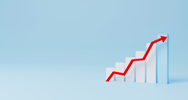 Arrow graph sign growth step staircase moving up on light blue\
background. business development to success and growing annual\
revenue growth concept. 3d illustration