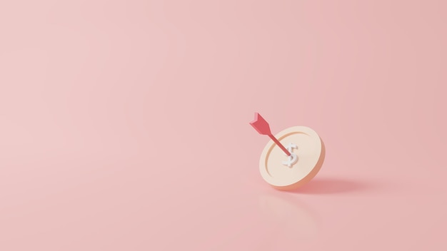 ピンクのパステル色の背景の金貨に矢印を打つ ビジネスファイナンス ターゲットコンセプト 3D レンダリング 矢印の成功 マーケティング時間コンセプト