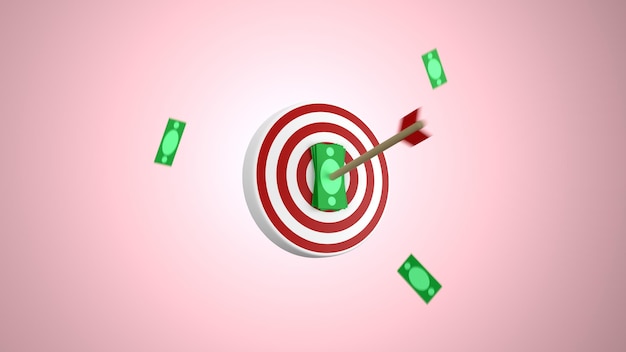 The arrow hit the target The concept of financial success Arrow hitting money Raising funds and achieving goals 3D rendering illustration