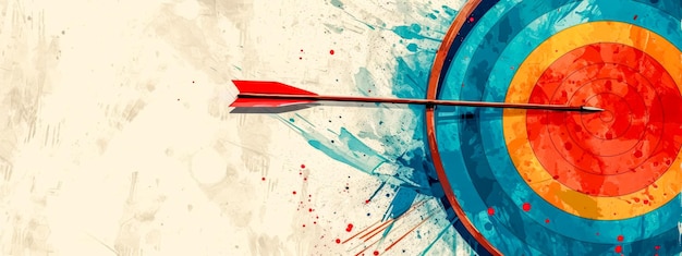 Arrow hitting the bullseye on a colorful target with a splatter paint effect that adds a dynamic and