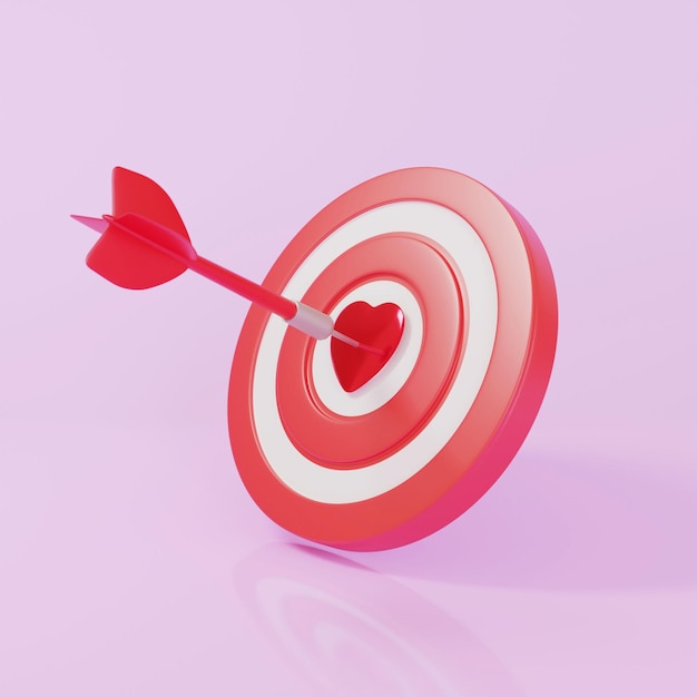 Arrow hitting center of a red heart valentines day decoration 3D rendering illustration