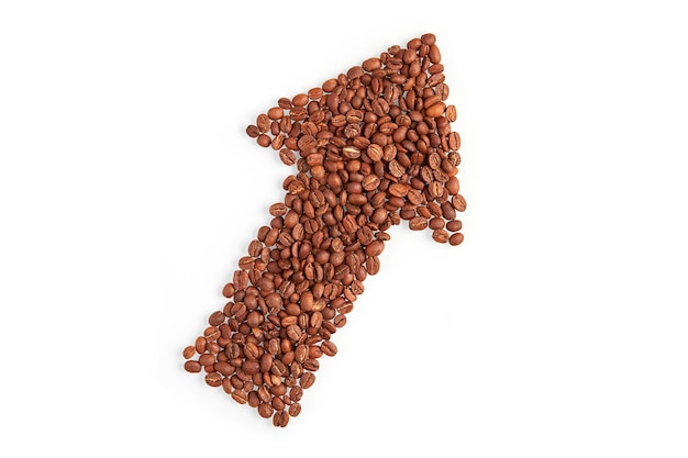 Arrow made of coffee beans point to up and right isolated on white background