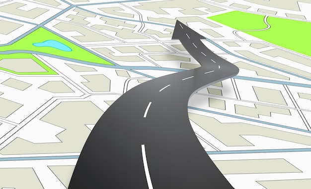 Photo arrow shaped road indicating the direction above a navigation map. 3d rendering