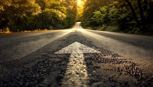 Foto segnale a freccia che indica in avanti su un'autostrada lunga e vuota, strada dritta, autostrada, obiettivo di viaggio concettuale, prospettiva futura, ecc. illustrazione generata dall'ai