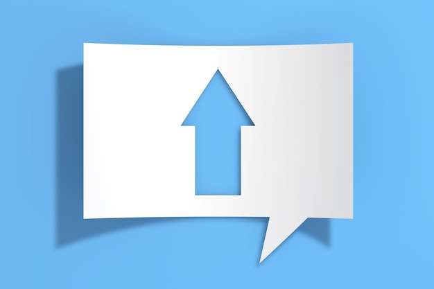 Photo arrow up icon on cutout white paper speech bubble 3d rendering