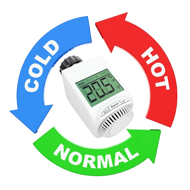 흰색 바탕에 디지털 무선 라디에이터 온도 조절 밸브 주위에 온도 값 기호가 있는 화살표. 3d 렌더링.