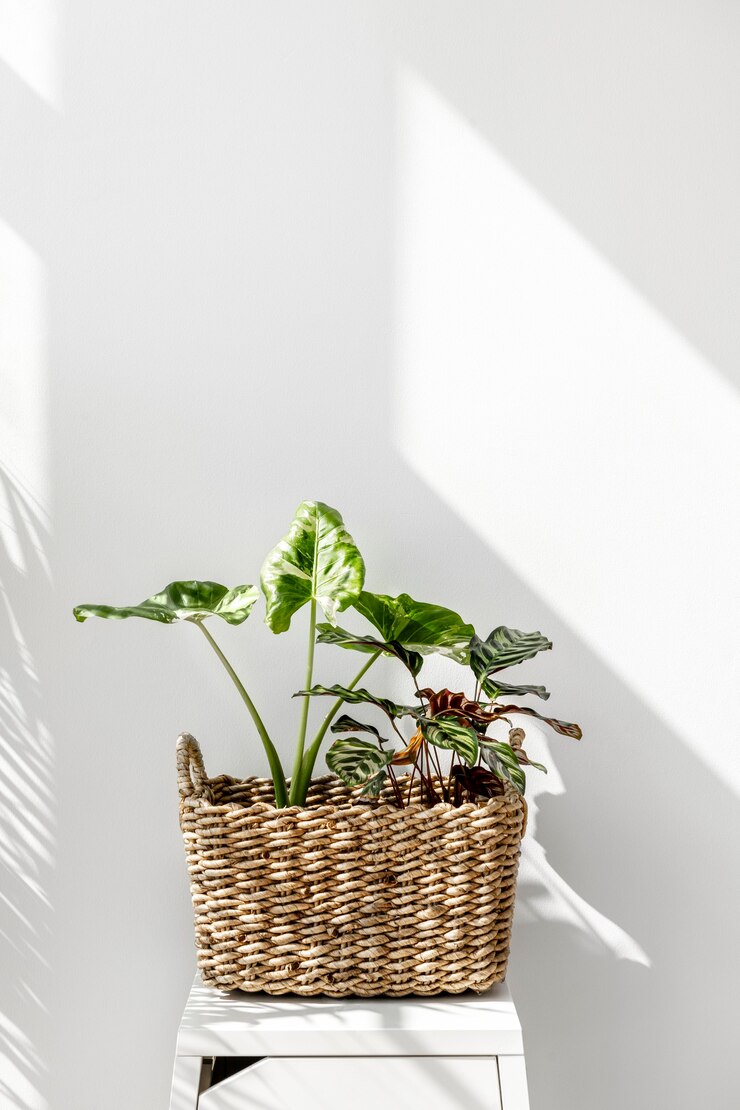 Photo 흰 벽으로 바구니에 arrowleaf 코끼리 귀 잎