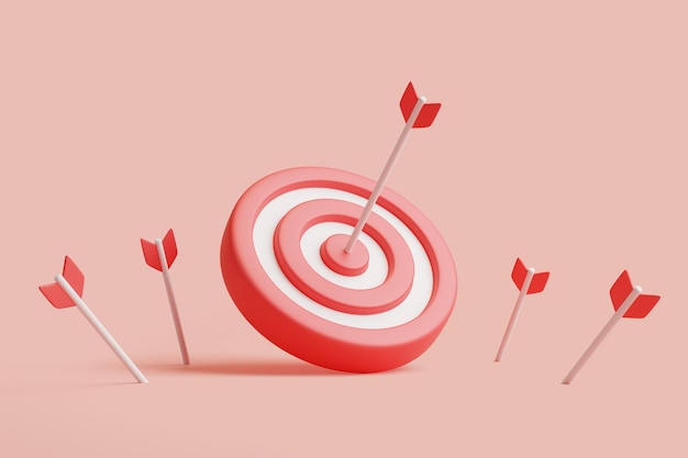 Arrows hit the center of a red dartboard on a pastel background 3D render illustration