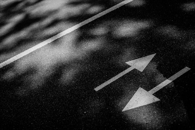 Foto frecce, la strada. frecce direzionali sulla superficie dell'asfalto, foto in bianco e nero