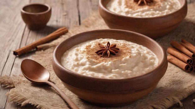 Arroz con leche rice pudding with cinnamon in clay bowl on wooden table