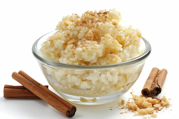 Arroz con leche rice pudding with cinnamon isolated on white background