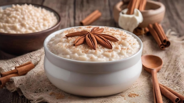 Photo arroz con leche rice pudding with cinnamon isolated on white background