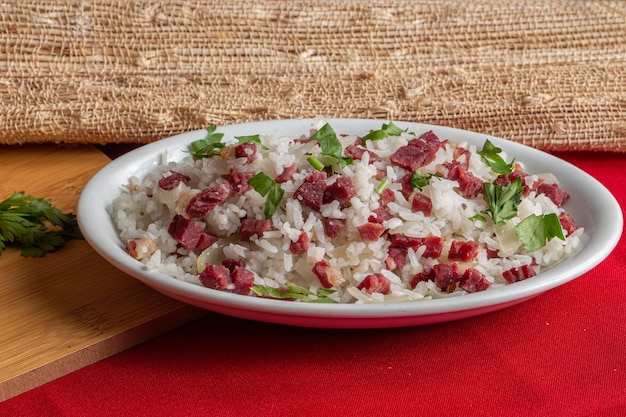 Arroz de Carreteiro Typical food from  Brazil made with rice and dried meat