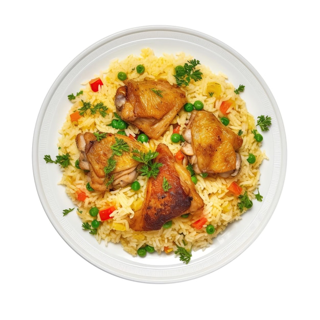 Арроз Императорская курица и рисовая запеканка кубинской кухни на белой тарелке