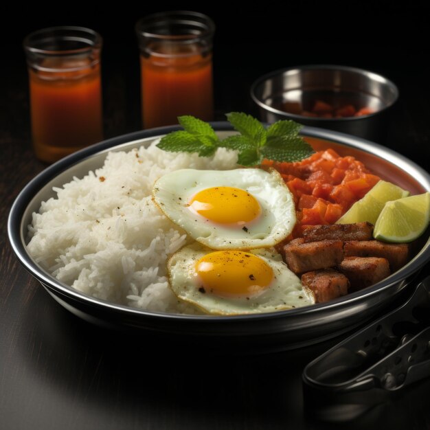 Foto arroz a la cubana riso con salsa di pomodoro uova fritte e banane o altro piatto