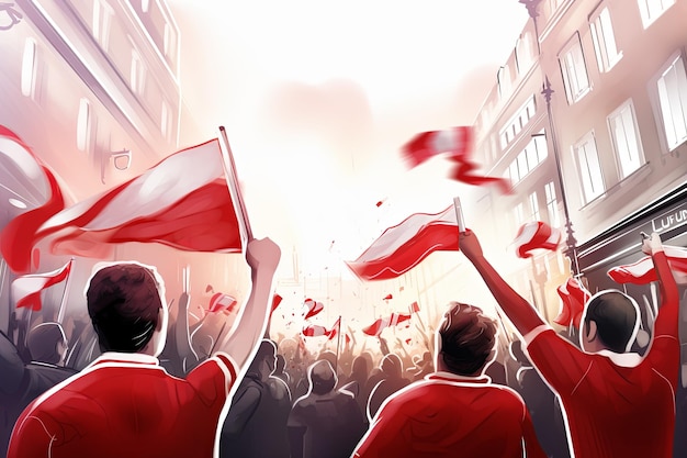 Arsenal FC soccer club winning champions league champion cup abstract illustration fans celebrating in London