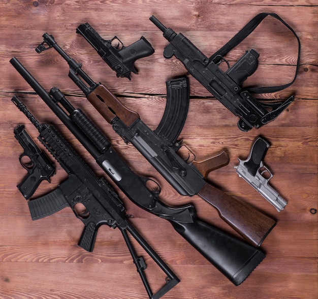 Photo arsenal of firearms assault rifles and pistols