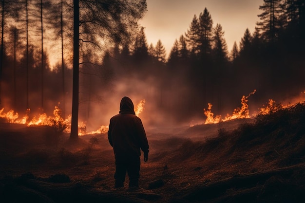 Пироманики, поджигающие лес при заходе солнца. Дым и огонь становятся все больше и выше.