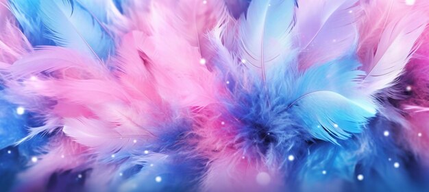 Photo art abstract background festive celebratory drop water sequins and stars on feather blue and pink