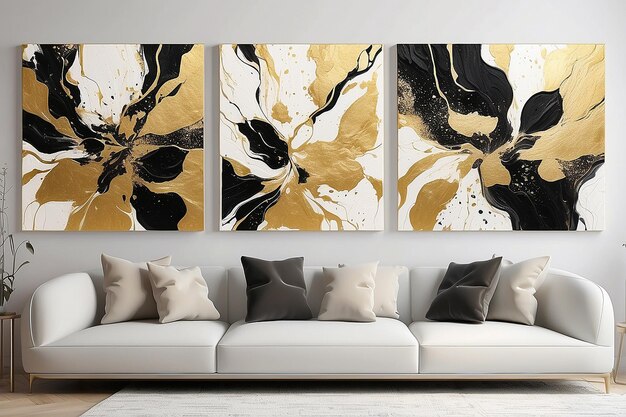 Photo art acrylic and watercolor smear blot painting interior abstract triptych black white and gold glitter color canvas texture horizontal background