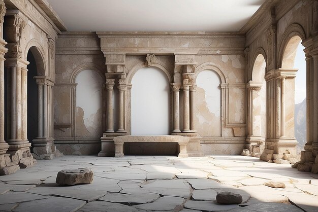 Art in an ancient ruinsinspired room mockup with blank white empty space for placing your design