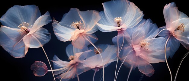 Art background with transparent xray flowers bloom