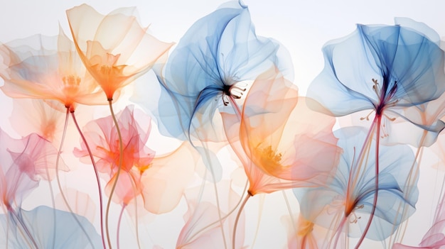 Art background with transparent xray flowers bloom
