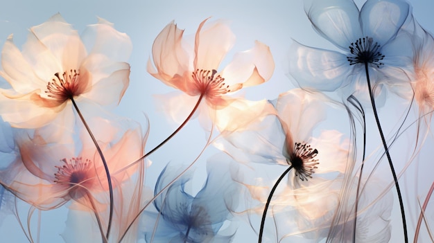 Art background with transparent xray flowers bloom