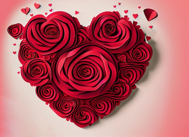 Foto disegno di banner artistico di rose rosse e cuore di carta su valentine