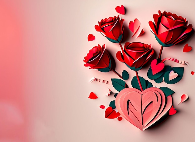 art banner design of red roses and the paper heart on valentine