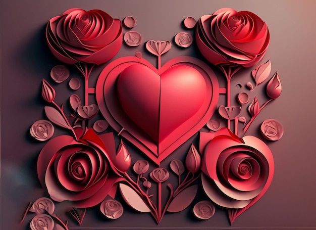 バレンタインの赤いバラと紙のハートのアート バナー デザイン