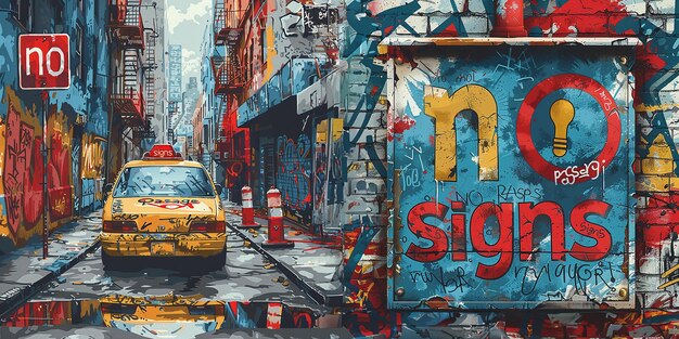 Photo art banner in graffiti style with prohibitory road signs