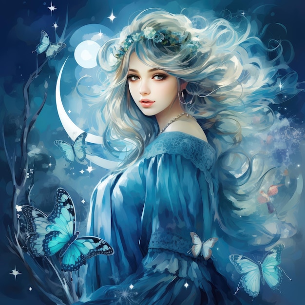 Art beautiful design New Year postcard ombre from light to Blue cute beautiful fairy