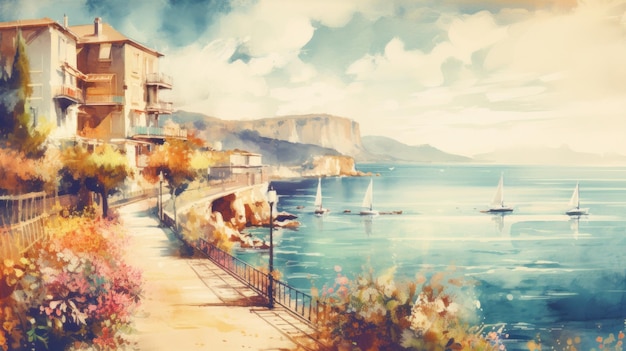 Art beautiful retro seaside view on the city AI generated