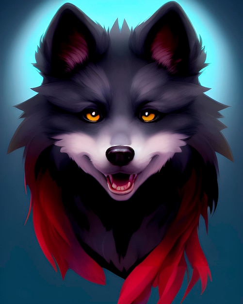 Art of a black anthropomorphic furry wolf with fluffy hair,\
cartoon style