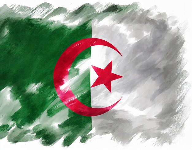 Photo art brush watercolor painting of algeria flag blown in the wind isolated on white background