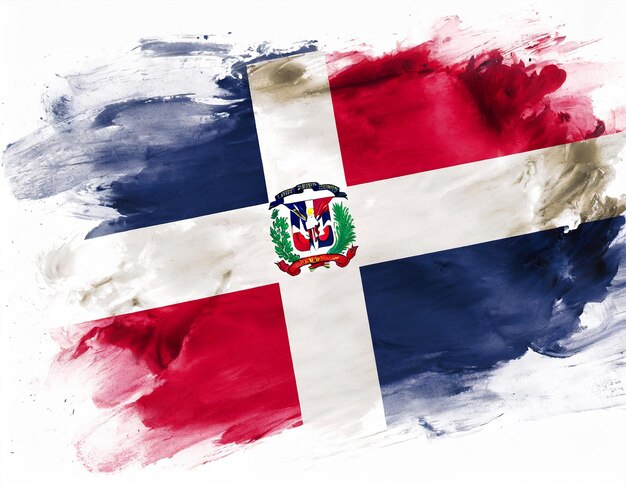 Foto pittura ad acquerello a pennello della bandiera della repubblica dominicana soffiata dal vento isolata su sfondo bianco