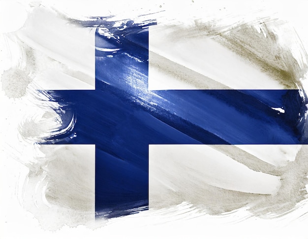 Art brush watercolor painting of Finland flag blown in the wind isolated on white background