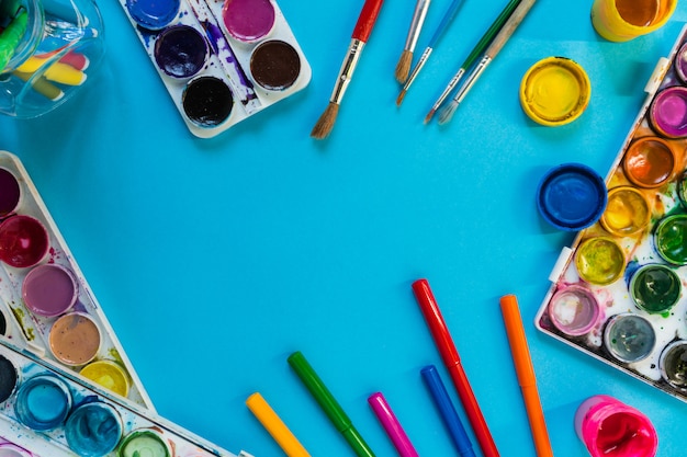 art brushes and paints of watercolor for the artist and creativity in school