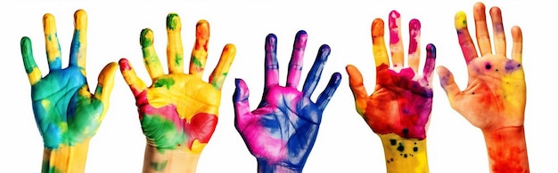 Photo art child artist hand colorful paint concept finger smile fun generative ai