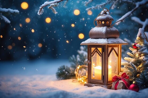Фото Художественный рождественский фонарь рождественские и новогодние праздники фон с елкой и праздничным светом зимнего сезона