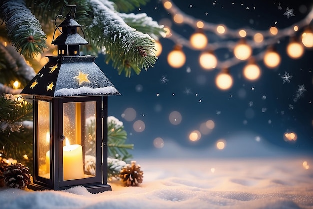 Art Christmas Lantern Christmas and New Year holidays background with Christmas Tree and holiday light winter season